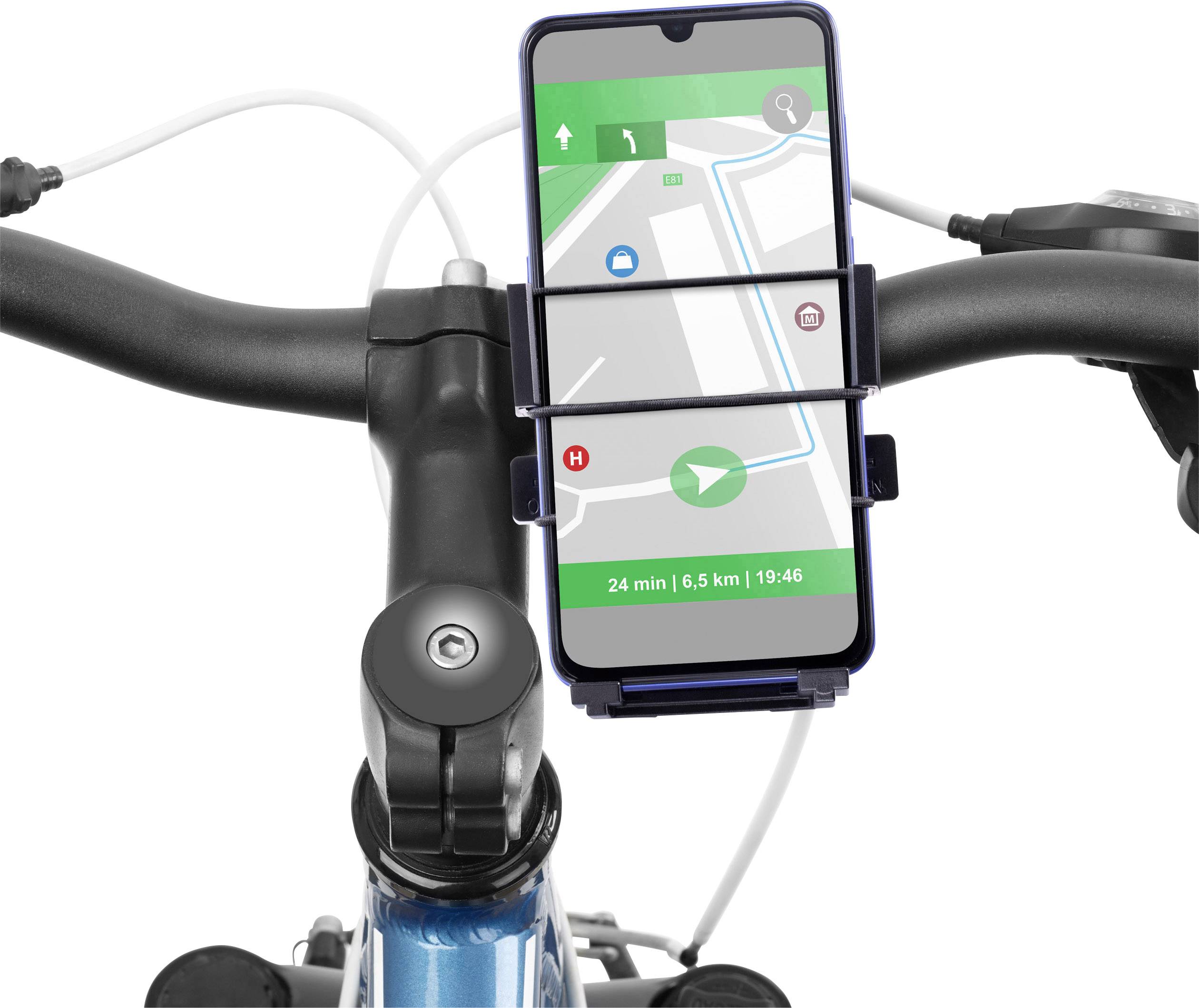 Een smartphone toont een navigatiekaart op een fietsstuur. De kaart geeft een route weer met een afstand van 6,5 km.