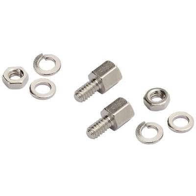 Twee metalen bouten met bijpassende moeren en sluitringen. Geschikt voor mechanische bevestiging of montage.