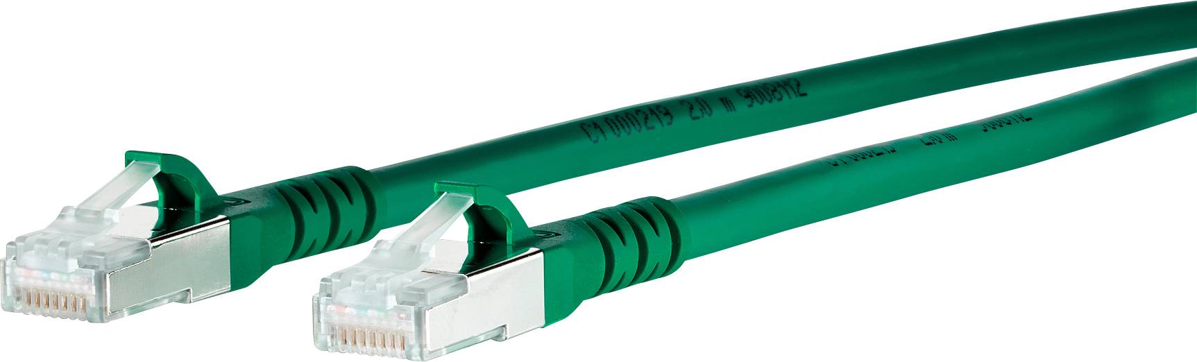Twee groene netwerkkabels met RJ45-connectoren liggen naast elkaar.
