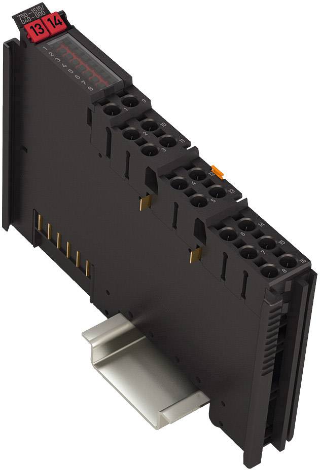 Zwart elektronisch module voor DIN-railmontage met meerdere aansluitklemmen, zijdelings genummerde secties 13-14.