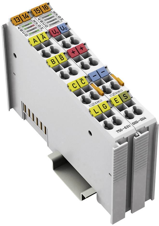 Elektrische aansluitblok met gekleurde aansluitingen en labels van A tot G, 13 tot 16, voor de distributie van elektrische signalen en stroomkringen.