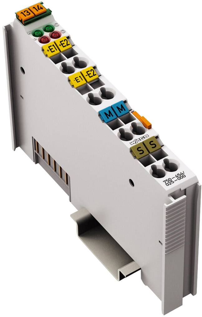 Een elektrische DIN-railmodule met meerdere gekleurde aansluitingen en markeringen, geïnstalleerd in een schakelpaneel.