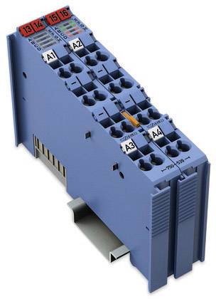 Een blauw industrieel automatiemodule met meerdere poorten en markeringen voor elektrische aansluitingen; gemonteerd op een rail.