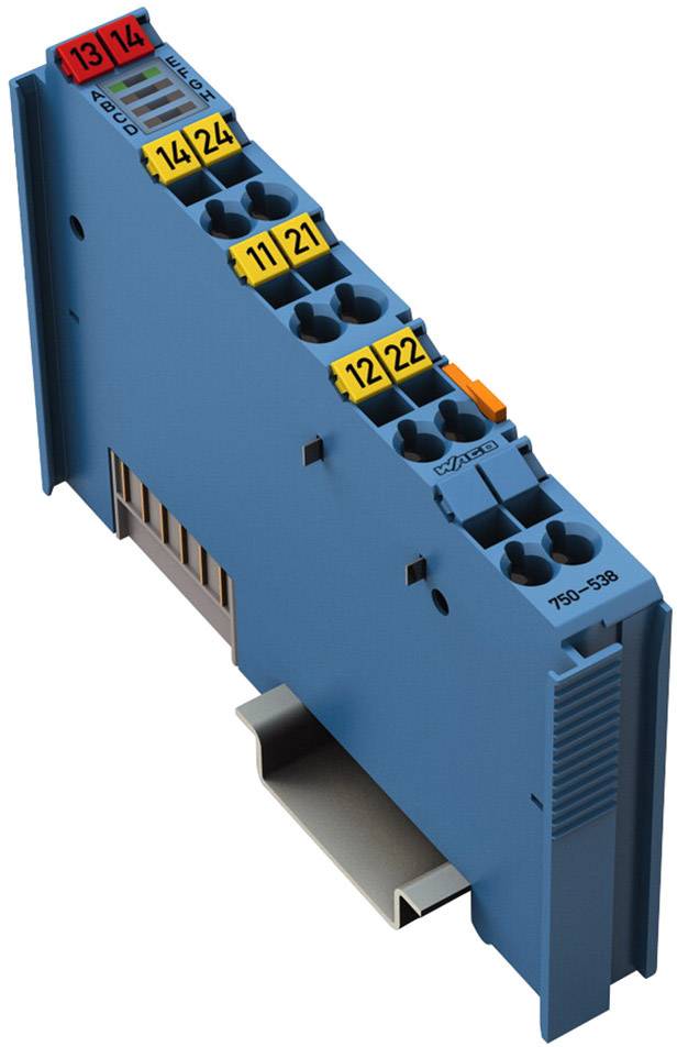 Elektronicamodule in het blauw met twaalf genummerde aansluitingen, waarvan zes geel. Het is geschikt voor montage op een DIN-rail.
