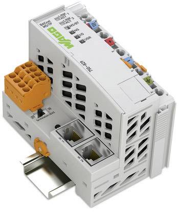 Een grijs automatiseringsmodule met Ethernet-aansluitingen en een oranje connector, gemonteerd op een DIN-rail.