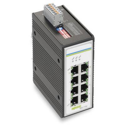 Een industriële Ethernet-switch met 8 poorten, gemonteerd op een DIN-rail, voor betrouwbare verbinding in industriële netwerken.