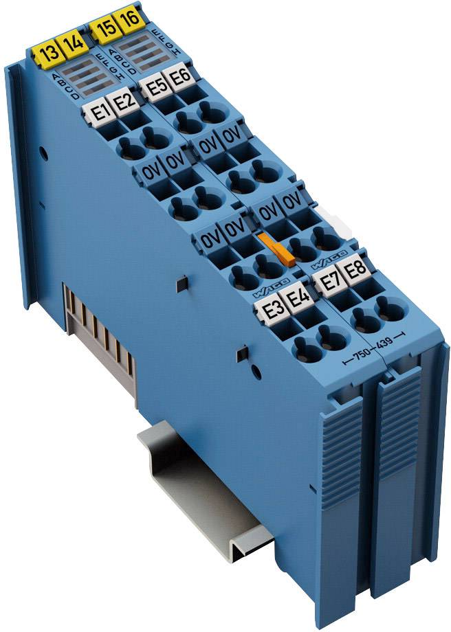 Een blauw elektronicamodule met meerdere ingangen en aansluitingen, genummerd van 13 tot 16 en van E1 tot E4, weergegeven.