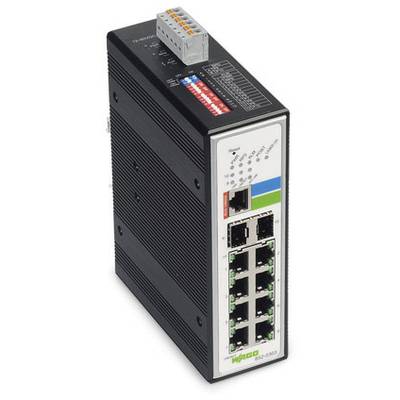 Zwarte netwerk-switch met tien Ethernet-poorten en kleur gecodeerde velden. Aan de bovenkant bevindt zich een grijze aansluitblok.