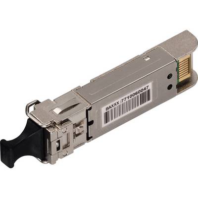 Klein, zilver SFP-module met zwart vergrendelingsmechanisme, gebruikt voor het uitbreiden van netwerkverbindingen via glasvezel.
