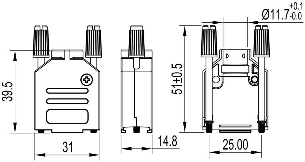 Technische tekening van een onderdeel met drie aanzichten. Afmetingen: 39,5 mm hoogte, 31 mm en 14,8 mm breedte, 51 ± 0,5 mm hoogte aan de bovenkant.