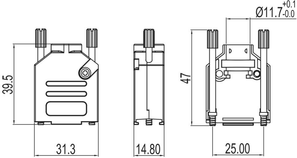Technische tekening van een onderdeel met voor-, zij- en bovenaanzicht. Afmetingen zijn 39,5 x 31,3 x 14,8 mm, boorgaten Ø11,7 mm.
