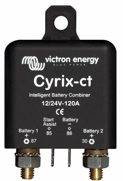 Batterijcombinator 'Cyrix-ct' van Victron Energy, 12/24V-120A, aansluitdetails weergegeven, voor efficiënte batterijverbinding.
