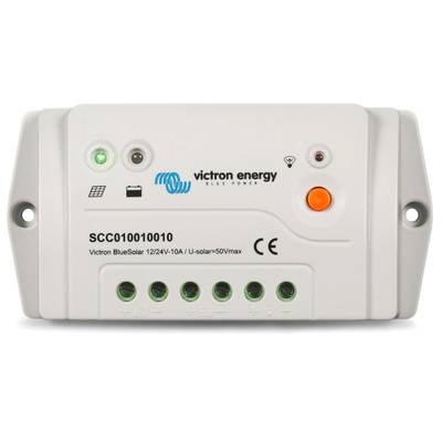 Zonne-energielaadregelaar 'Victron Energy BlueSolar' met zes aansluitingen, LED-indicatoren en CE-markering. Modelnummer: SCC010010010.