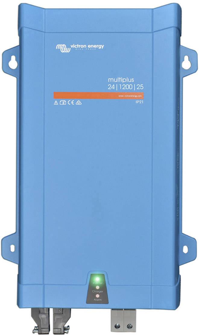 Blauwe omvormer met de tekst 'victron energy multiplus 24 | 1200 | 25'. Apparaat met controlelampje en aansluitingen.