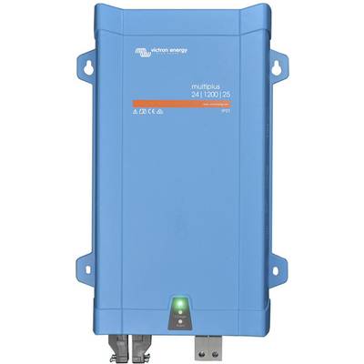 Blauwe omvormer met de tekst 'victron energy multiplus 24 | 1200 | 25'. Apparaat met controlelampje en aansluitingen.