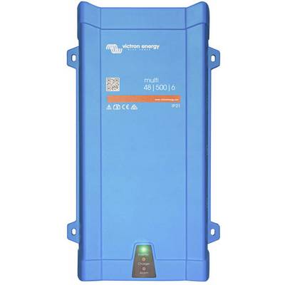 Een blauw apparaat met de tekst 'victron energy multi 48 | 500 | 6'. Het heeft een controlelampje onderaan en logo's linksboven.