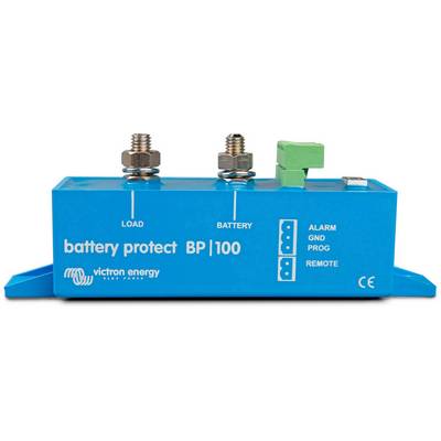 Een blauw 'battery protect BP|100' apparaat van Victron Energy met aansluitingen voor belasting en batterij, toont informatie zoals alarm en afstandsbediening.