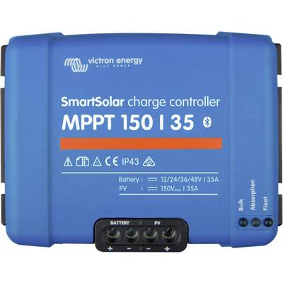 Laadregelaar 'SmartSolar MPPT 150|35' in blauw, van Victron Energy. Display voor batterij- en zonnepaneelaansluitingen. Voorzien van Bluetooth.