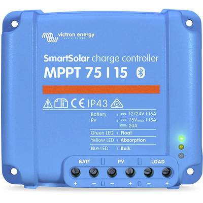 Een blauwe solar-laadregelaar, model 'SmartSolar MPPT 75 | 15' van Victron Energy, met LED-indicatoren en technische specificaties.
