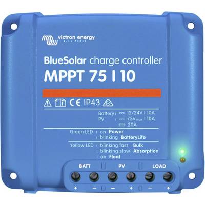 Blauwe zonnelaadregelaar met opschrift 'BlueSolar laadregelaar MPPT 75 I 10'. Toont LED's voor Stroom en Batterij. 12/24V.