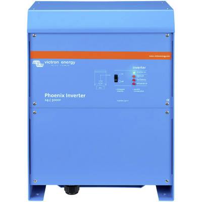 Een blauwe Phoenix Inverter van Victron Energy, model 24/5000, met statusweergaven voor stroomvoorziening en batterij.