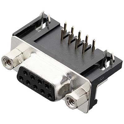 Een zwarte, rechthoekige 9-pins Sub-D-stekker, vaak gebruikt voor seriële verbindingen in de elektronica.