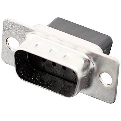 Een zilverkleurige en zwarte D-Sub-connector met negen pinnen, vaak gebruikt voor seriële interfaces.