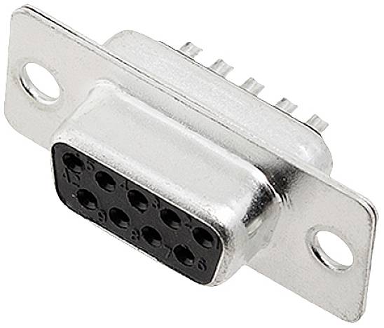 Metalen D-Sub-connector met 9 pinnen, typisch gebruikt voor seriële interfaces.