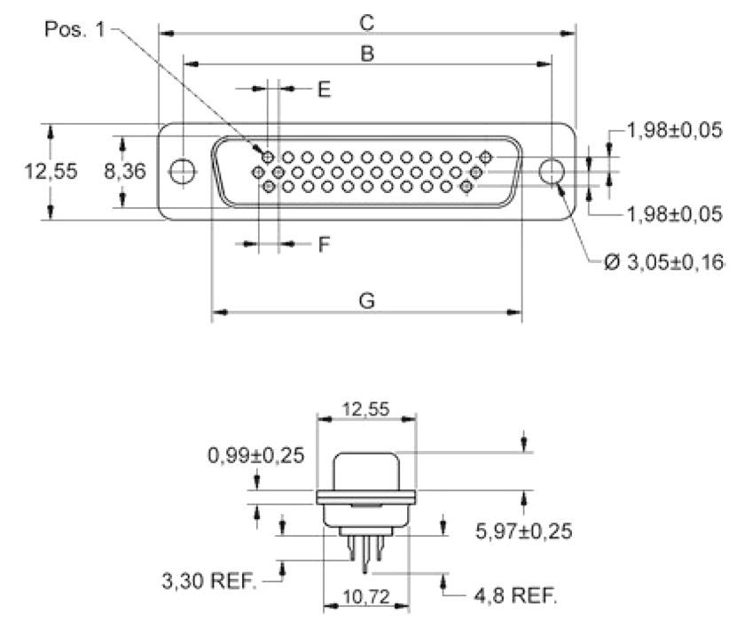 Technische tekening van een D-Sub connector met nauwkeurige maatvoering in millimeters, toont connectortype en afstanden tussen pinrijen.