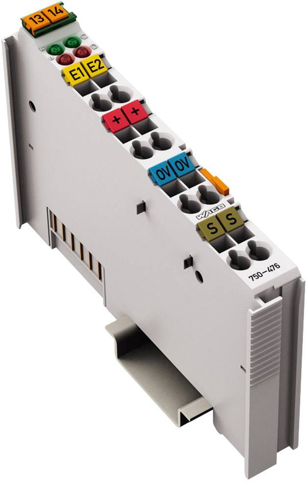 Een digitaal ingangsklemmenmodule met meerdere kleurgecodeerde aansluitingen en labels op de bovenkant.
