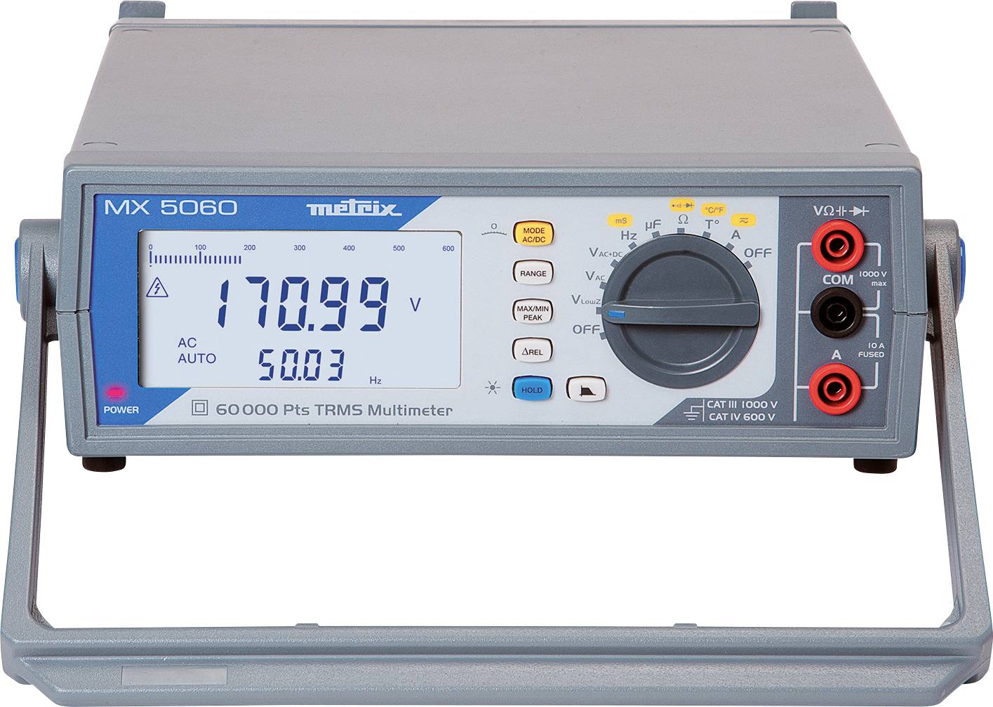 Een digitaal multimeter toont op het display '170,99 V' en '5.003 A'. Knoppen voor modusinstellingen bevinden zich rechts naast het display.