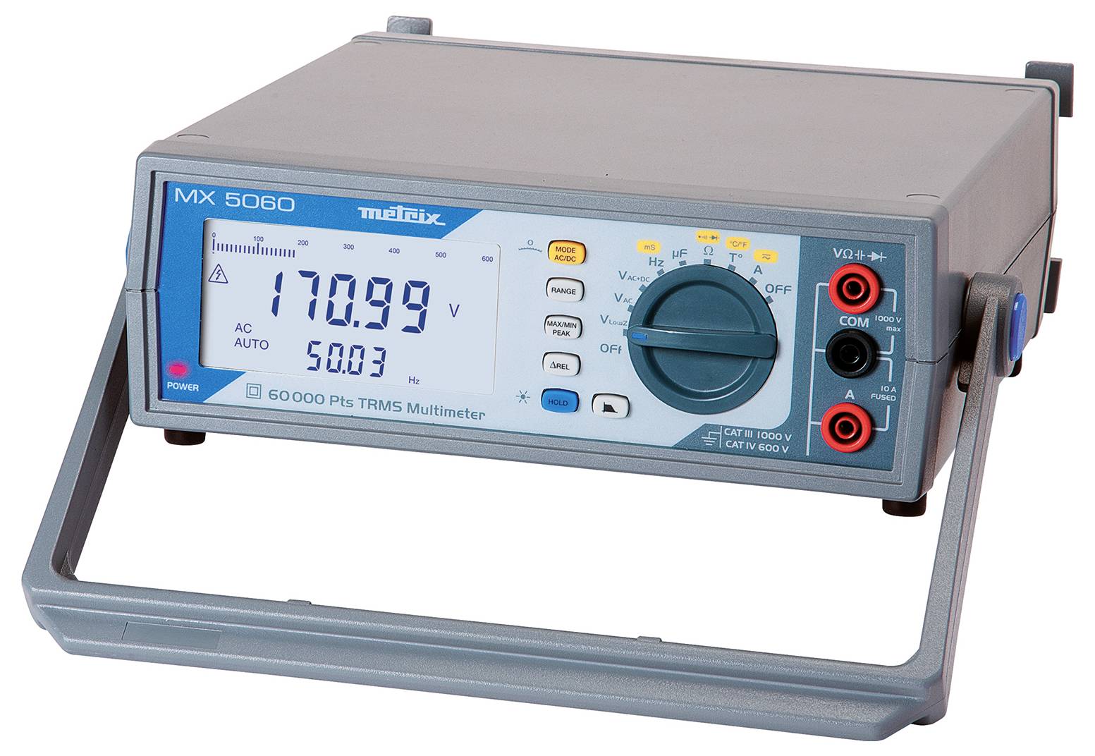 Multimeter met digitaal display toont '170,99', aansluitklemmen rechts, verschillende bedieningsknoppen en toetsen.