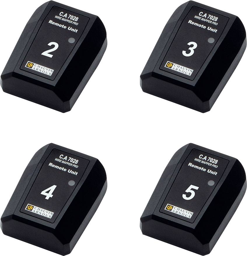 Vier zwarte afstandsbedieningseenheden met de nummers 2, 3, 4 en 5. Elke eenheid heeft de opdruk 'C.A 7028 Remote Unit'.