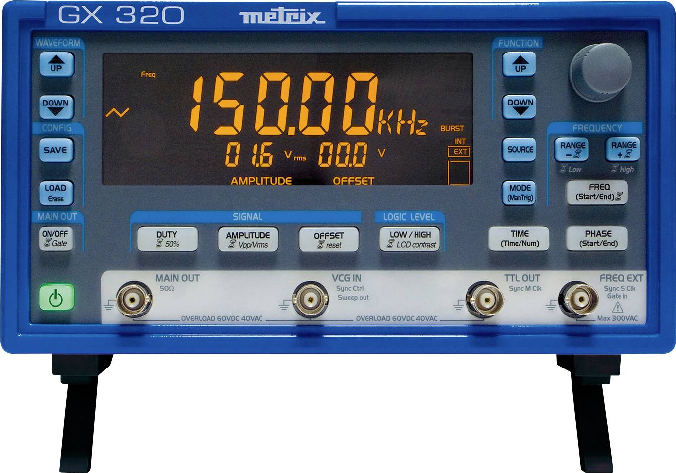Een elektrisch meetapparaat met een digitaal display toont '150,00 kHz' en '0,16 V'. Verschillende knoppen voor instellingen zijn zichtbaar.