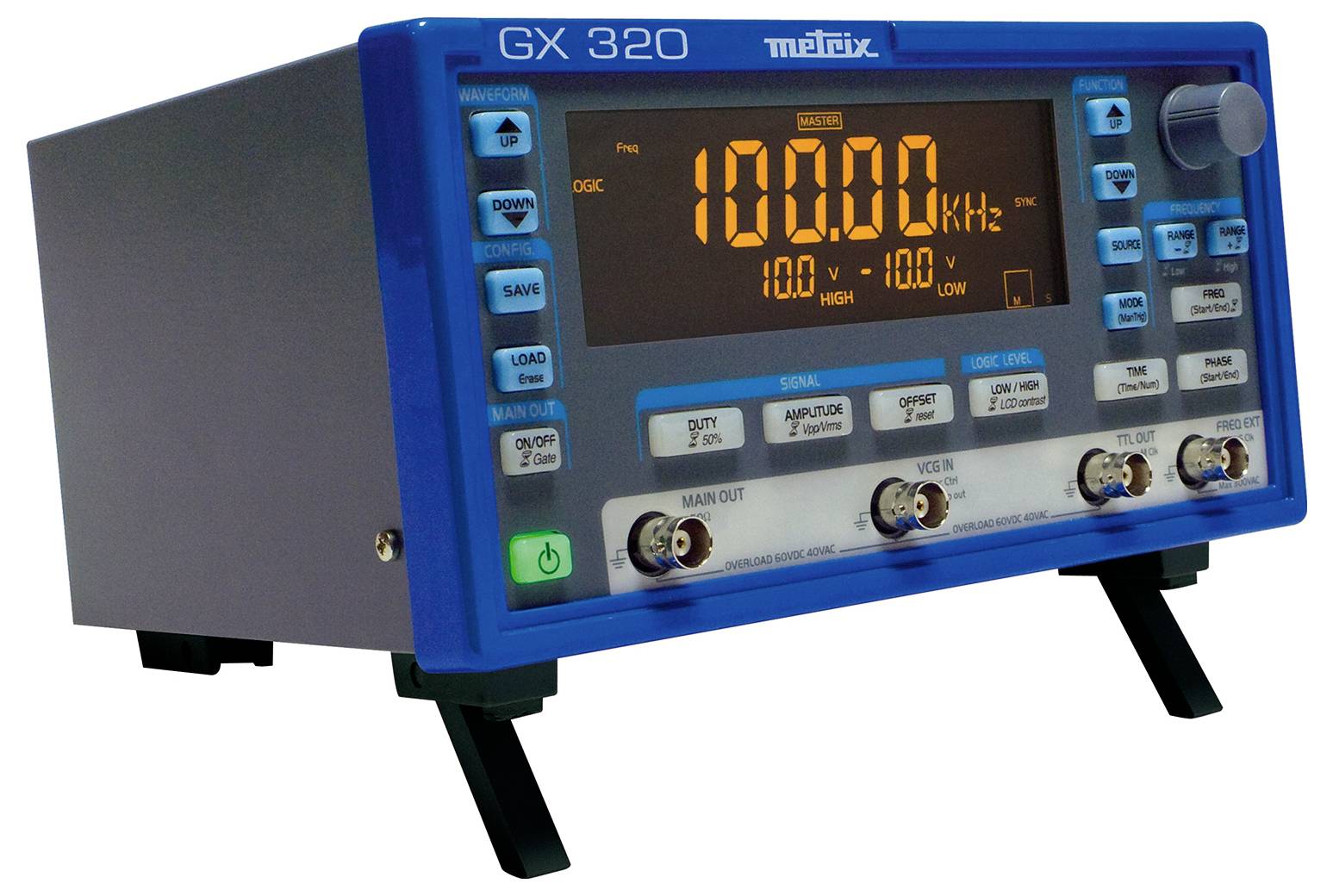 Signaalgeergeneratorapparaat met een grijs behuizing en een blauw frontpaneel. Digitaal display toont '100.000 kHz'. Knoppen voor frequentie-instelling zijn zichtbaar.