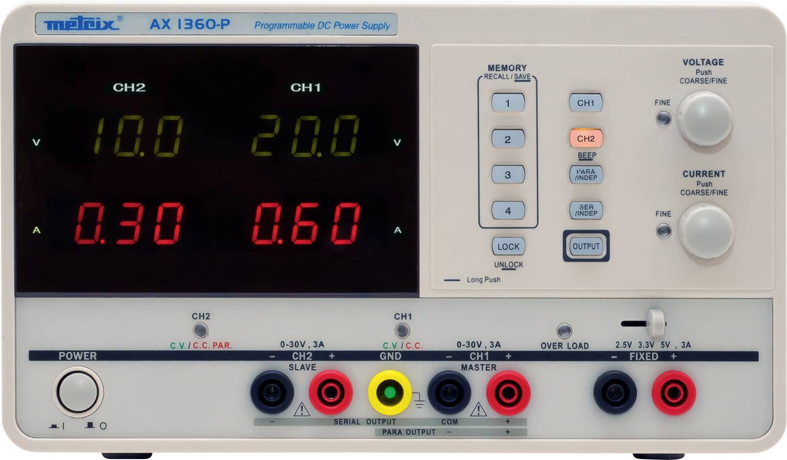 Laborvoedingsapparaat met digitale weergave toont twee kanalen: CH1 met '10,0' volt en '0,30' ampère, CH2 met '20,0' volt en '0,60' ampère.