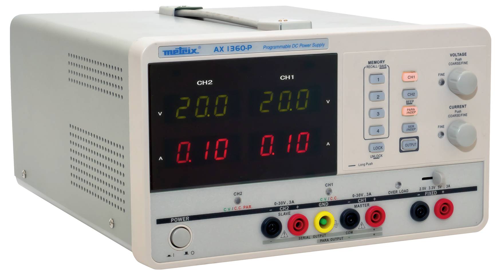Laborvoedingsapparaat met twee kanalen. LCD toont spanning 20V en stroomsterkte 0,10A voor beide kanalen. Bedieningsknoppen en aansluitingen zichtbaar.