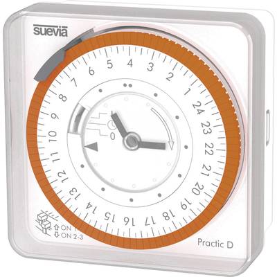 Een analoge tijdschakelklok met een wit wijzerblad en een oranje rand. Toont 24 uur en enkele symbolen voor bediening.