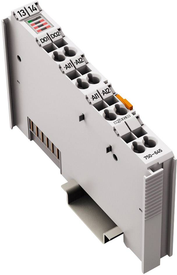 Een grijs elektronicamodule met meerdere aansluitklemmen en indicatorlampjes, geschikt voor industriële besturingssystemen.