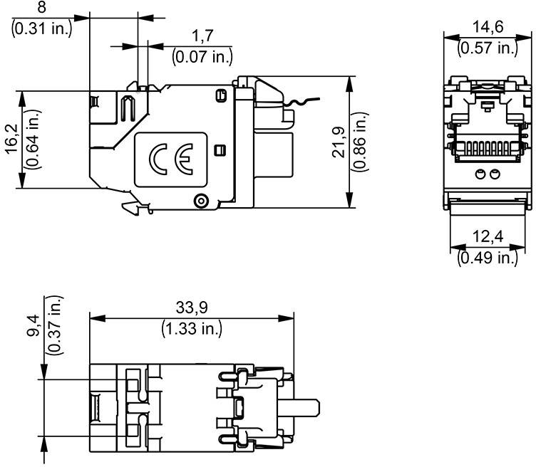 Tekening van een Ethernet-stekker met afmetingen in millimeters en inches. Hoofdaanzichten zijn zijaanzicht, vooraanzicht en bovenaanzicht.