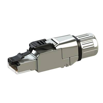 Metalen RJ45-connector met vergrendelingsmechanisme en schroefdraad, voor Ethernet-kabel, close-up, gezien van opzij.