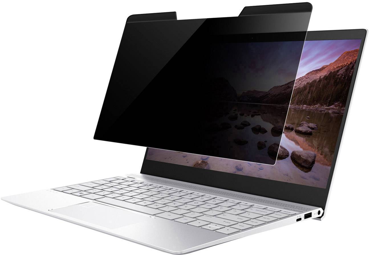 Een laptop met privacyscherm; het scherm toont een landschap, maar het filter maakt het display onzichtbaar wanneer men van opzij kijkt.
