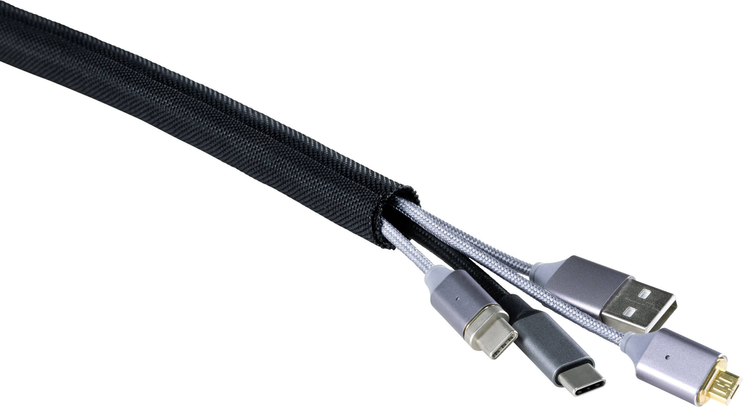 Een zwarte kabelhouder houdt vier verschillende kabeltypen vast, waaronder USB, Lightning en Micro-USB-aansluitingen.