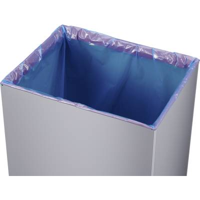 Een lege vuilnisemmer met een blauwe plastic zak, geopend en klaar voor gebruik.