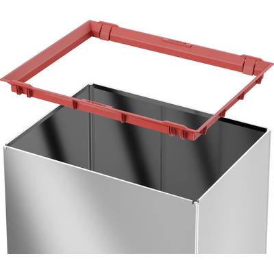 Metalen container met rode kunststof rand aan de bovenkant, geen zichtbaar gebruik, mogelijk onderdeel van een groter systeem.