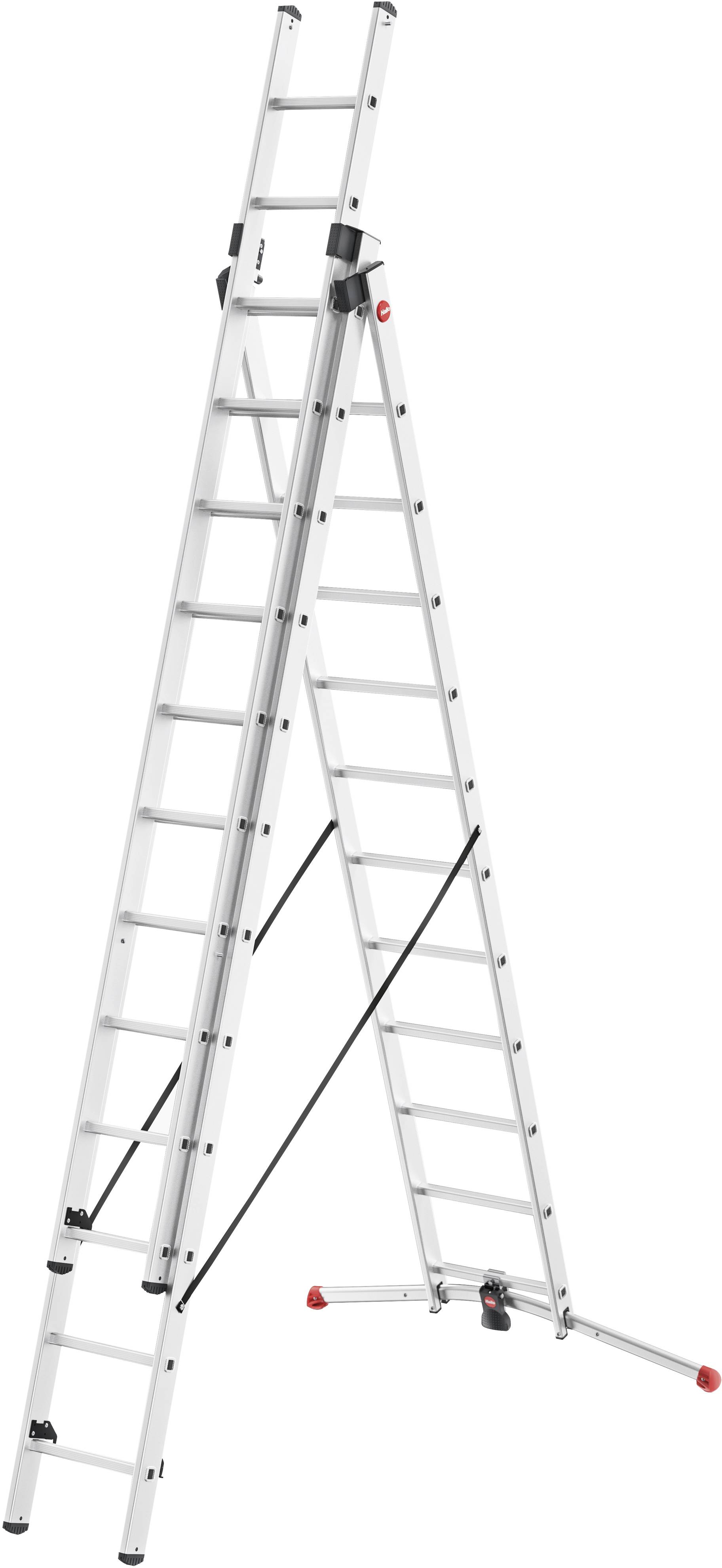 Een driedelige, uitschuifbare aluminium ladder met antisliplatredes en rode veiligheidsvoeten.