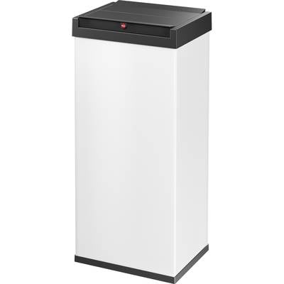 Een hoge, rechthoekige witte prullenbak met een zwart deksel, geschikt voor gebruik in kantoren of openbare ruimtes.