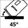 Symbool van een prullenbak die 45 graden wordt gekanteld om de inhoud te legen. Pijl geeft de kantelbewegung aan.