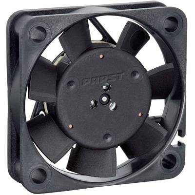 Een vierkante ventilator met acht zwarte schoepen, waarvan het midden is voorzien van een rotor. Hij is bedoeld voor de koeling van elektronische apparaten.