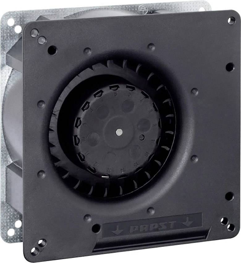 Een vierkante zwarte ventilator, met een centraal rotor en een omgevend behuizing, gemonteerd op een metalen plaat.